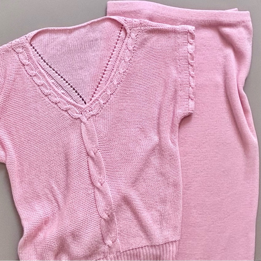 Vintage 80s Angled Cable Knit V-Neck Sweater Knee Length Skirt Two-Piece Set - Picture 1 of 13